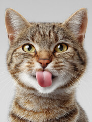 Humorous and engaging close-up portrait of a tabby cat with bright yellow eyes and its tongue sticking out in a silly, playful expression.