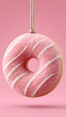 Charming 3D render of a stylized, textured pink donut ornament, featuring white diagonal icing stripes and white sprinkles