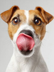 Expressive and comical close-up portrait of a Jack Russell Terrier dog with a short coat, large brown eyes, and its pink tongue sticking out to lick its nose.