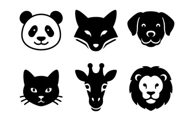 Black and white animal faces collection: panda, fox, dog, cat, giraffe, lion in silhouette style