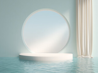 Architectural 3D scene of a white circular podium standing in calm blue water, backed by a mint-colored wall with a large round cutout window and a draped white curtain