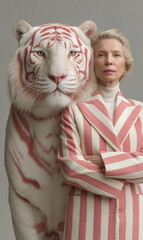 Striking studio portrait of a confident woman in a pink and white striped blazer, standing next to a majestic white tiger with matching pink stripes, creating a high-fashion, surreal image
