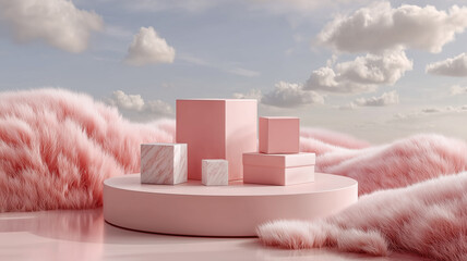 Whimsical 3D scene with a pink podium surrounded by undulating hills of fluffy pink grass, displaying various pink and white marble square/cube product stands