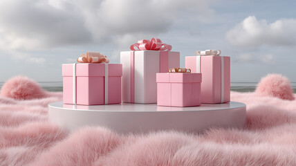 Romantic 3D still life featuring several pastel pink and white gift boxes with ribbon bows, beautifully arranged on a white round podium, amidst a surreal pink furry landscape under a soft sky