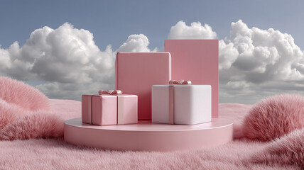 Surreal outdoor scene with a round pink podium showcasing two gift boxes and geometric blocks, set amidst a landscape of fluffy pink grass mounds under a dramatic, cloudy blue sky