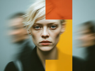 Conceptual and intense portrait of a blonde woman with a serious expression, featuring abstract blocks of orange and yellow color overlay, and blurred, streaked figures in the background