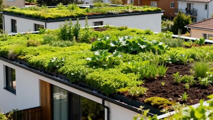 Medium shot of a vibrant green roof on a residential building showcasing lush vegetation promoting environmental benefits and natural insulation.