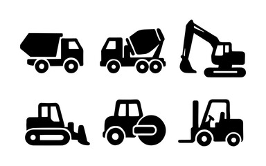 Fototapeta premium Silhouette construction vehicles set: cement mixer, excavator, bulldozer, forklift