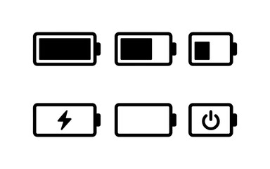 Battery icon set: charging levels and power status in minimalist design