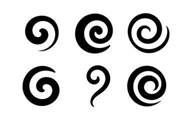 Six smooth black spiral designs on white background