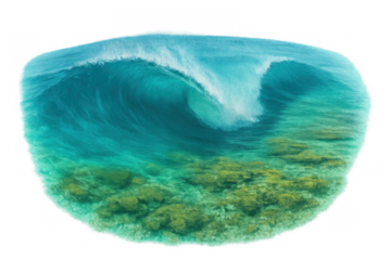 Ocean wave curling over clear water and vibrant coral reef, tropical sea nature on transparent background