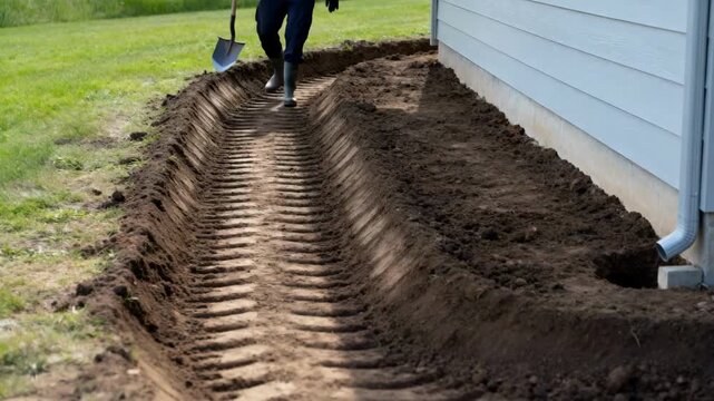 Medium shot of land grading creating swales near a structure to naturally channel rainwater away from the foundation