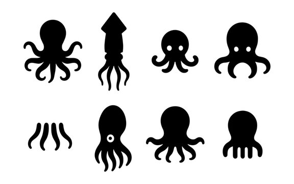 Set of silhouette ocean cephalopods: octopus and squid icons