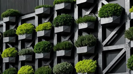 Medium shot of modular hanging garden features with geometric planter arrangements on an urban building exterior highlighting structured greenery in contemporary architectural