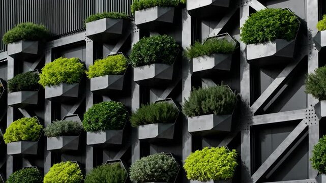 Medium shot of modular hanging garden features with geometric planter arrangements on an urban building exterior highlighting structured greenery in contemporary architectural