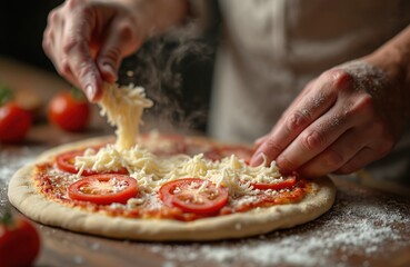Human hands place cheese on pizza. Red tomato slices on pizza base with sauce. Pizza preparation cooking process. Homemade Italian food in the kitchen. Culinary art.