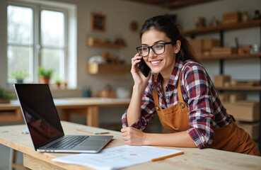 Smiling female carpenter talks on phone. She wears glasses and an apron, works in workshop. Laptop and papers on desk. Takes customer order for custom wood furniture, new project.