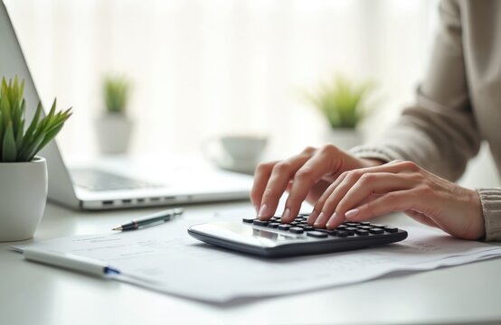Person uses calculator near laptop, pen, papers on desk. Woman counts money, analyzes budget, plans finances. Remote work, home office setup.