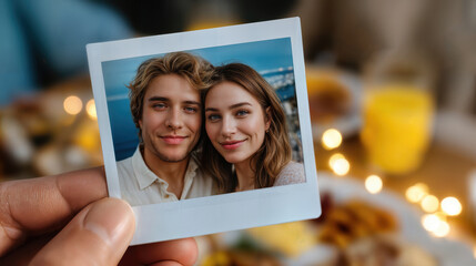 A close-up shot of a couple's photo, held by a hand. A couple is captured on the photo with smiles on their faces, bringing out a nostalgic feeling