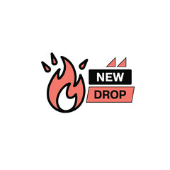 Illustration of a flame with water droplets and a new drop promotion on a white background