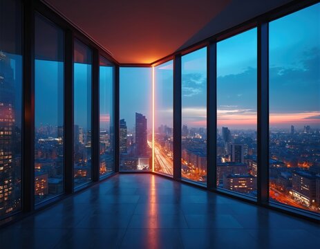 View from skyscraper window over city at dusk. Lights twinkle on streets and buildings. A river reflects warm orange glow. Traffic streams on highway below.