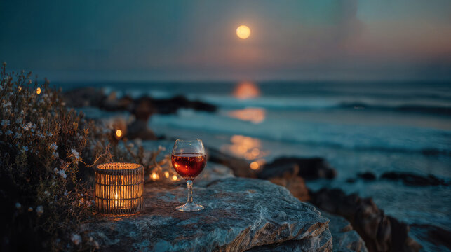 A romantic evening by the sea, with a glass of wine and candles under the moonlit sky. The waves gently crash, creating a serene ambiance. A perfect scene for relaxation and enjoyment