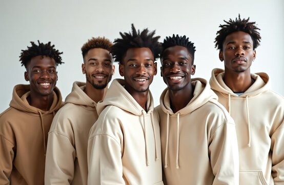 Five young Black men in neutral tone hoodies stand together smiling. They pose indoors in front of a white studio wall. Their casual attire and cheerful expressions create a relatable, friendly vibe.