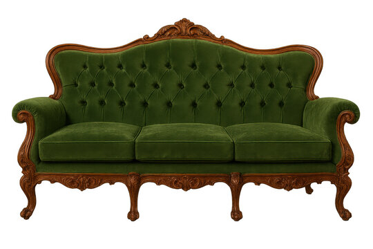 Vintage green velvet ornate sofa with dark wooden frame, rococo style antique furniture, tufted couch