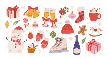 Festive Christmas clipart set with snowman, gifts, ornaments, sweets, and winter accessories on white background. Hand draw New Year icons vector illustration