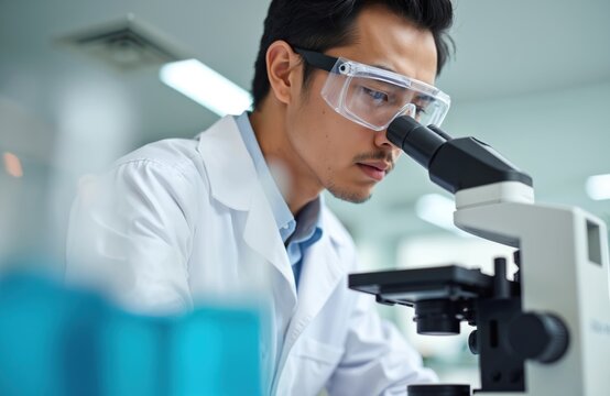 Asian male scientist in lab coat and goggles uses microscope for research. Microbiologist examines sample in bright medical lab. He works with bacteria and viruses for scientific discovery.