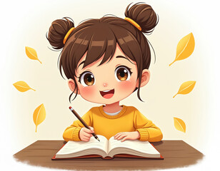 Charming cartoon girl studies at desk with open book. Young student writes with pencil. Illustration captures a cheerful mood, education, learning, autumn theme.