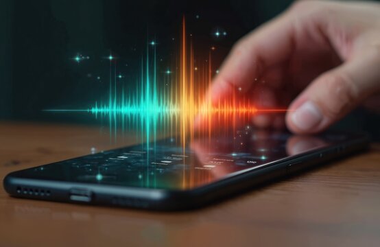 Person uses voice control on smartphone with visualized audio waves, sending messages or searching info. Smart device interaction for communication and finance.
