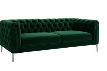 Green velvet tufted sofa with modern design, comfortable couch for luxury interior decor, isolated with transparent background