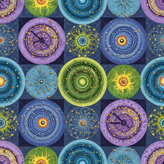 Geometric mandala pattern in vibrant style in rainbow colors representing spiritual harmony with copy space