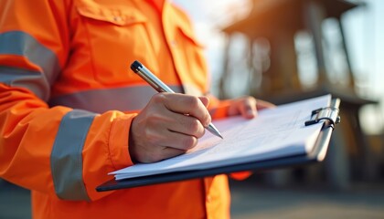 Safety officer fills checklist at drill site. Man in orange uniform writes notes with pen during safety audit. Inspector expert assesses risks, controls, compliance with safety standards. Work