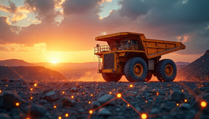 Giant yellow mining truck operates in open pit mine at sunset. Digital network lines overlay ground, showing data. Heavy machinery works on rocky terrain during golden hour.