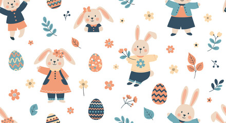 Obraz premium Adorable Easter seamless pattern with cute cartoon bunnies in clothes decorated eggs flowers and leaves on a white background.
