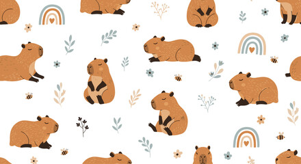 Obraz premium Adorable seamless nursery pattern with cute capybaras in various poses boho rainbows bees and flowers on a white background.