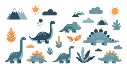 Fototapeta premium Modern collection of cute stylized dinosaurs with prehistoric landscape elements like mountains clouds and leaves for kids.
