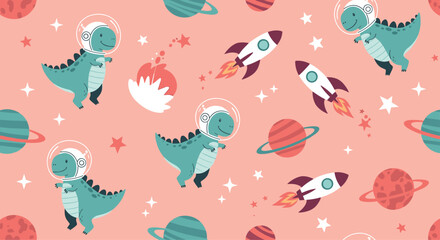 Fun seamless space pattern for kids with cute dinosaur astronauts rockets and planets on a cheerful pink background design.