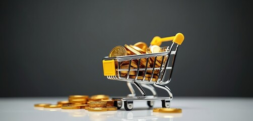 Shopping cart filled with gold coins on a white surface. Pile of golden money near a miniature shopping cart. Wealth finance investment and purchase concept.
