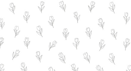 Minimalist seamless pattern featuring delicate hand-drawn tulip flowers with a dotted line effect on a simple white background.