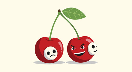 Quirky cartoon illustration of two cherries with contrasting personalities one sad and the other with a sly evil expression.