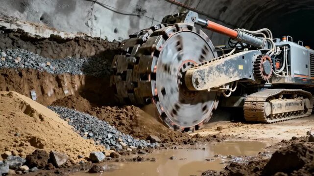 Medium shot of a tunnel boring machine slicing through mixed soil layers showcasing the complex mechanical operation in challenging ground conditions.