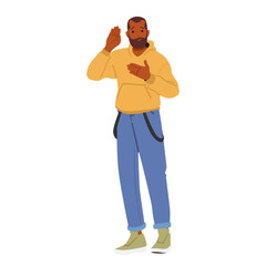 Obraz premium Young handsome guy cartoon character promising with gravity of a spoken pledge full-length portrait