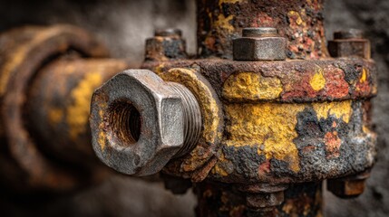 Closeup view of a rusty industrial bolt and pipe with peeling yellow paint in a gritty, weathered environment, highlighting corrosion, age, and decay in industrial structures