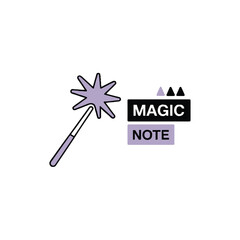 A graphic design featuring a magic wand and the words magic note on a white background design