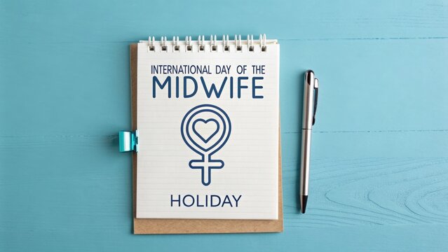 Notebook and pen with International Day of the Midwife text - Powered by Adobe