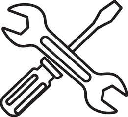 Black outline crossed wrench and screwdriver icon on white background tool tools