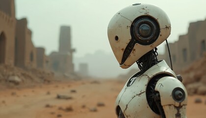 Robot stands alone in desert ruins. Advanced android in post apocalyptic landscape. Post war scene with damaged old buildings in background. Futuristic machine.